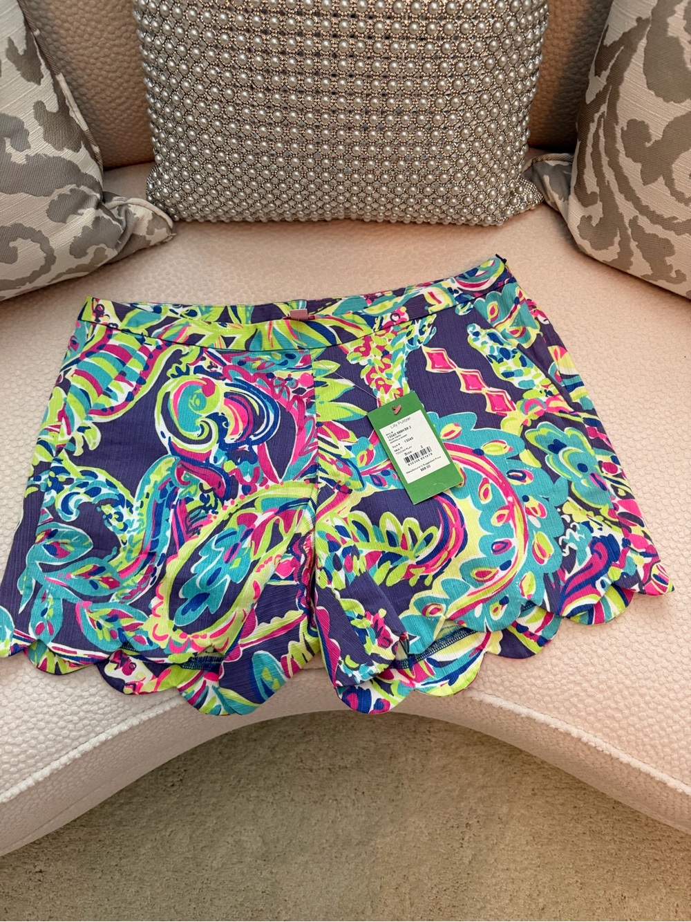 Lilly Pulitzer Neon Paisley Scallop-Hem Shorts - Navy, Teal, Pink Hidden side zi